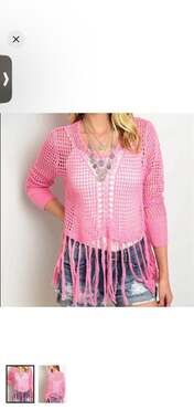 Lizette Collection Open Knit Fringe Cropped Sweater NWT Sz S Pink Boho Hippie